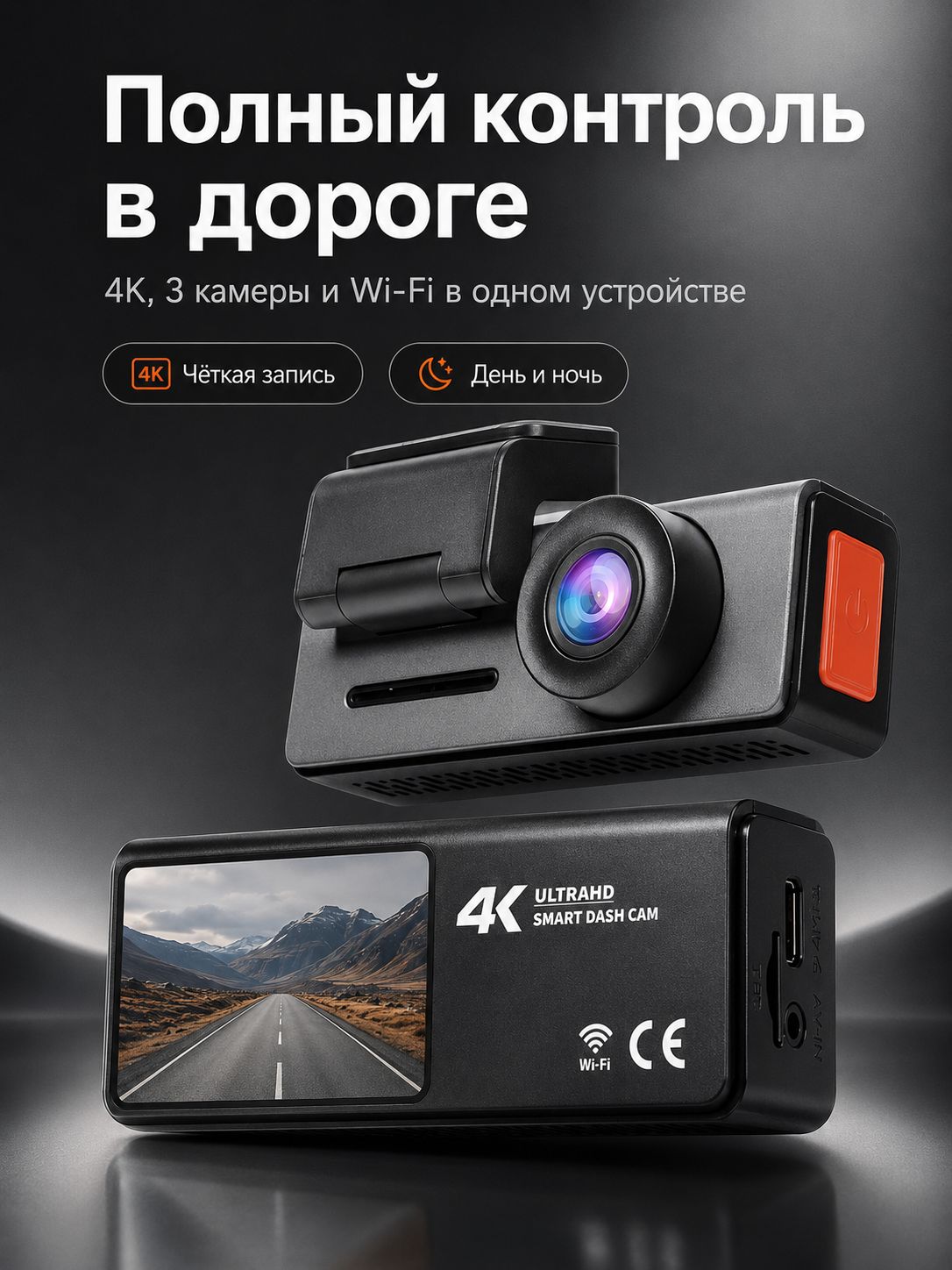 Видеорегистратор автомобильный 4K с 3 камерами, Wi-Fi, камерой заднего вида и ночной съёмкой