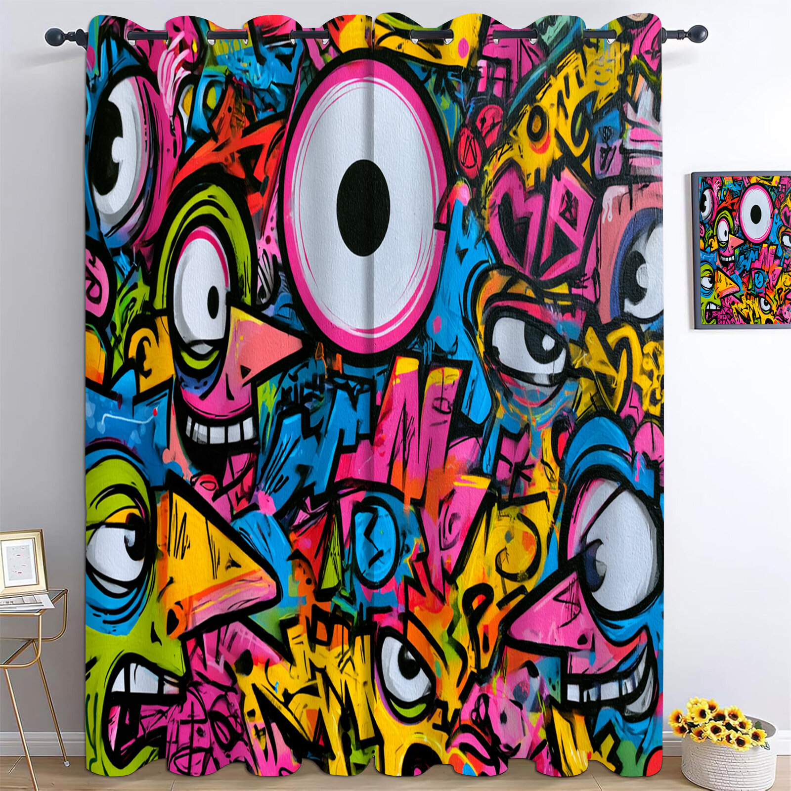 Портьеры блэкаут на люверсах 145x240cm 2 шт, Граффити Монстры интерьерные плотные шторы затемняющие