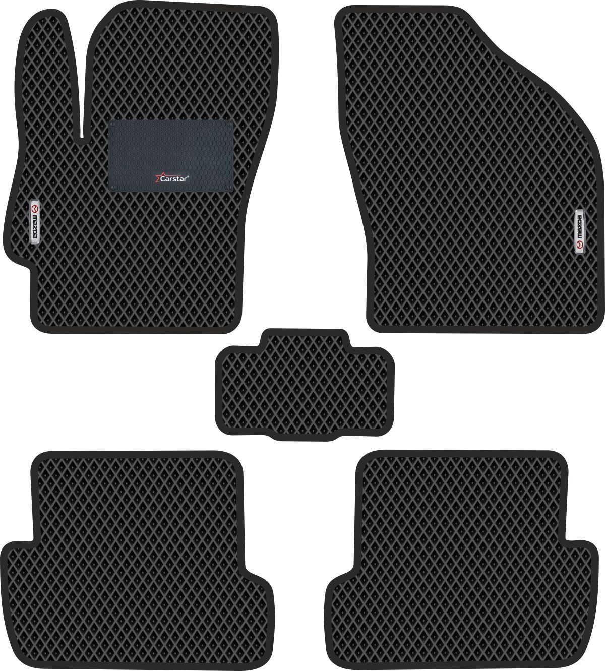 Автомобильные коврики EVA для Mazda 3 I BK (2003-2009), с каучуковым подпятником и 2 эмблемами Mazda, чёрные с чёрным кантом, ячейка - ромб