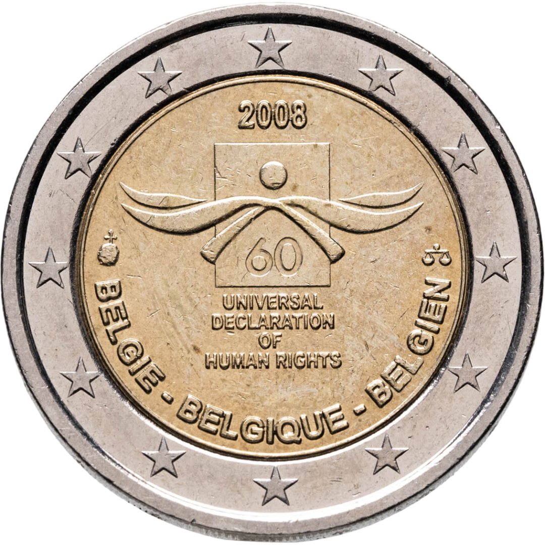 Бельгия 2 euro евро 2008 "60 лет Всеобщей декларации прав человека", Биметалл, в сохранности AU