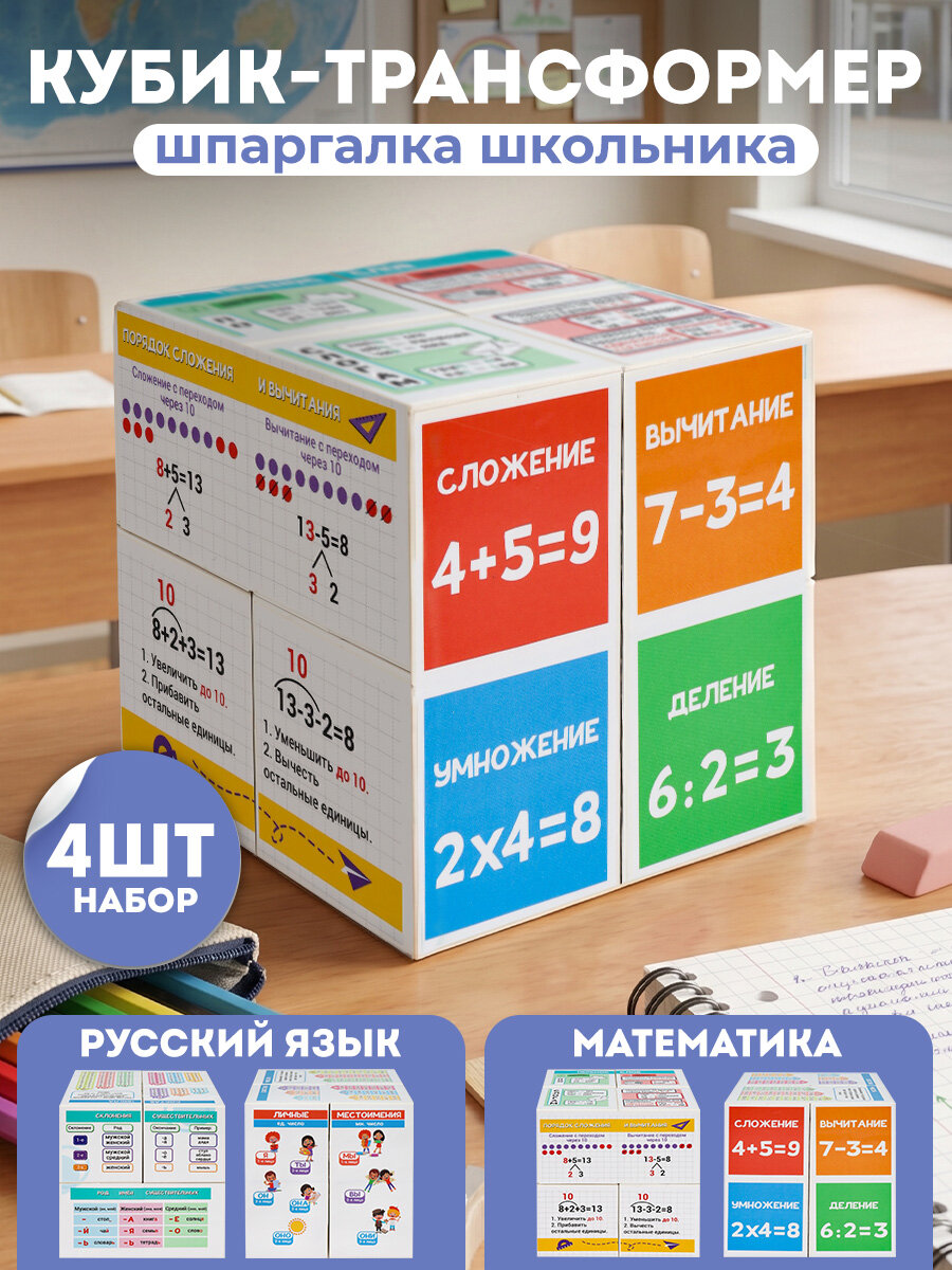 Кубик-трансформер "Шпаргалка школьника" набор из 4-х штук /Русский язык + математика/Шпаргалка для начальных классов (8х8 см) (Арт. КУБ-4775)