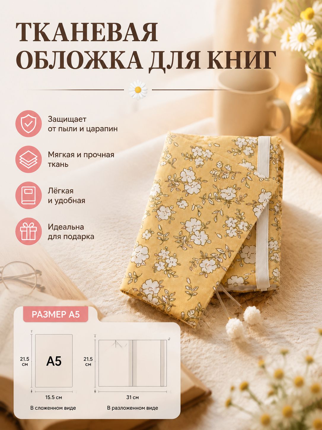 Тканевая обложка для книги формата A5, Артикул: 5561226938, Материал: Ткань