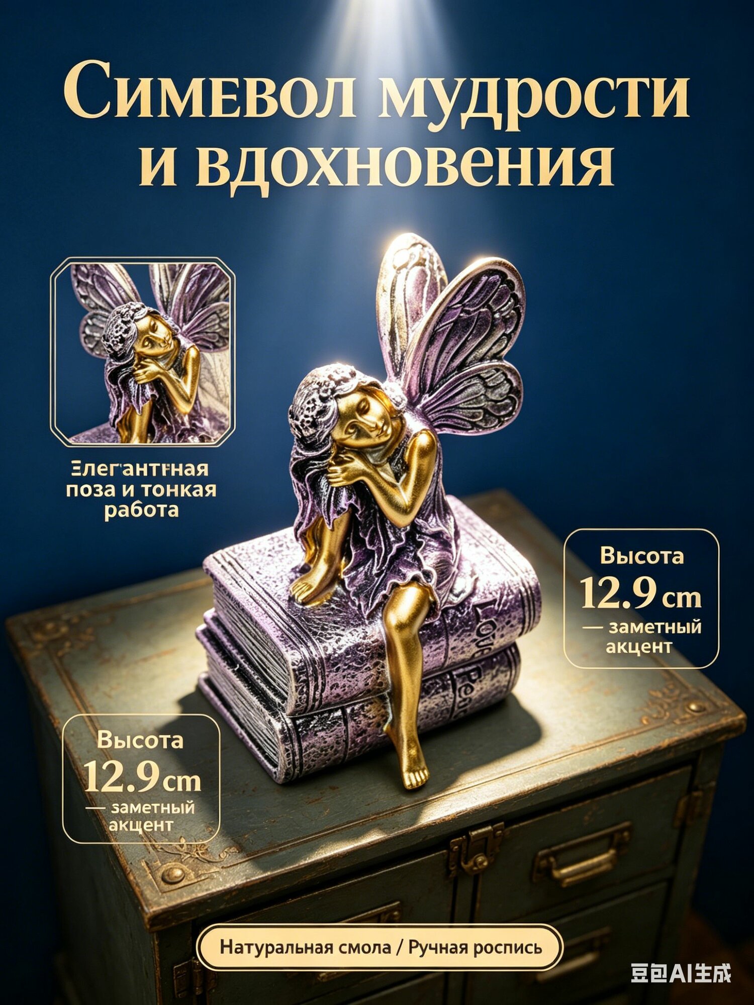 Сувенирная статуэтка феи на книгах, смола, ручная роспись, высота 12,9 см, длина 8,9 см, декор для интерьера