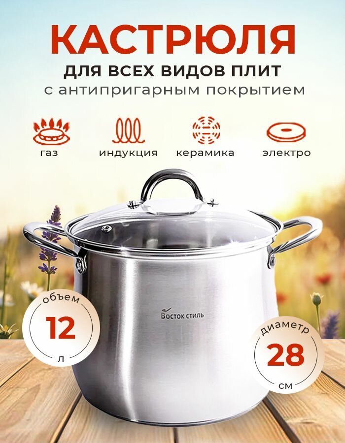 Кастрюля глубокая с антипригарным покрытием, с крышкой, 12 л