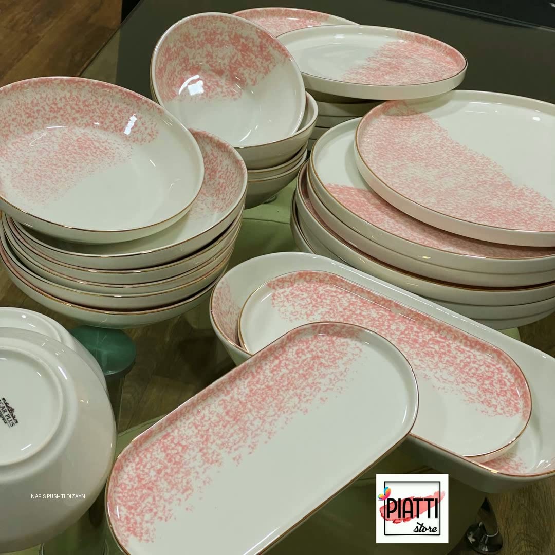 Керамический столовый сервиз с розовым декором, современный дизайн — фото 1