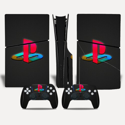 Изображение товара Наклейка виниловая защитная на игровую консоль Sony PlayStation 5 Slim Disc Edition, Old Иконка PS, полный комплект с геймпадами