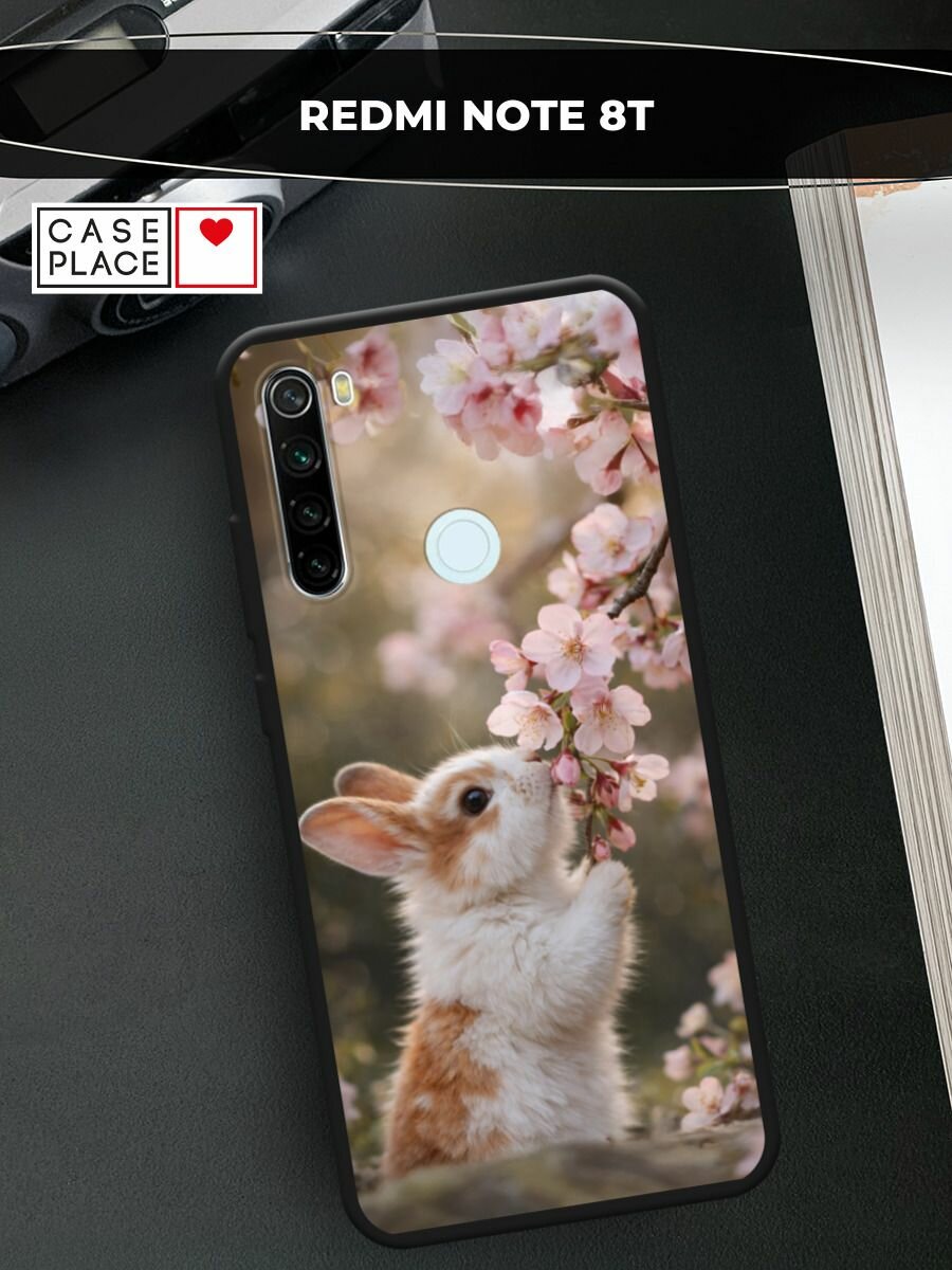 Черный матовый чехол на Xiaomi Redmi Note 8T / Сяоми Редми Нот 8Т с принтом Зайчик с сакурой