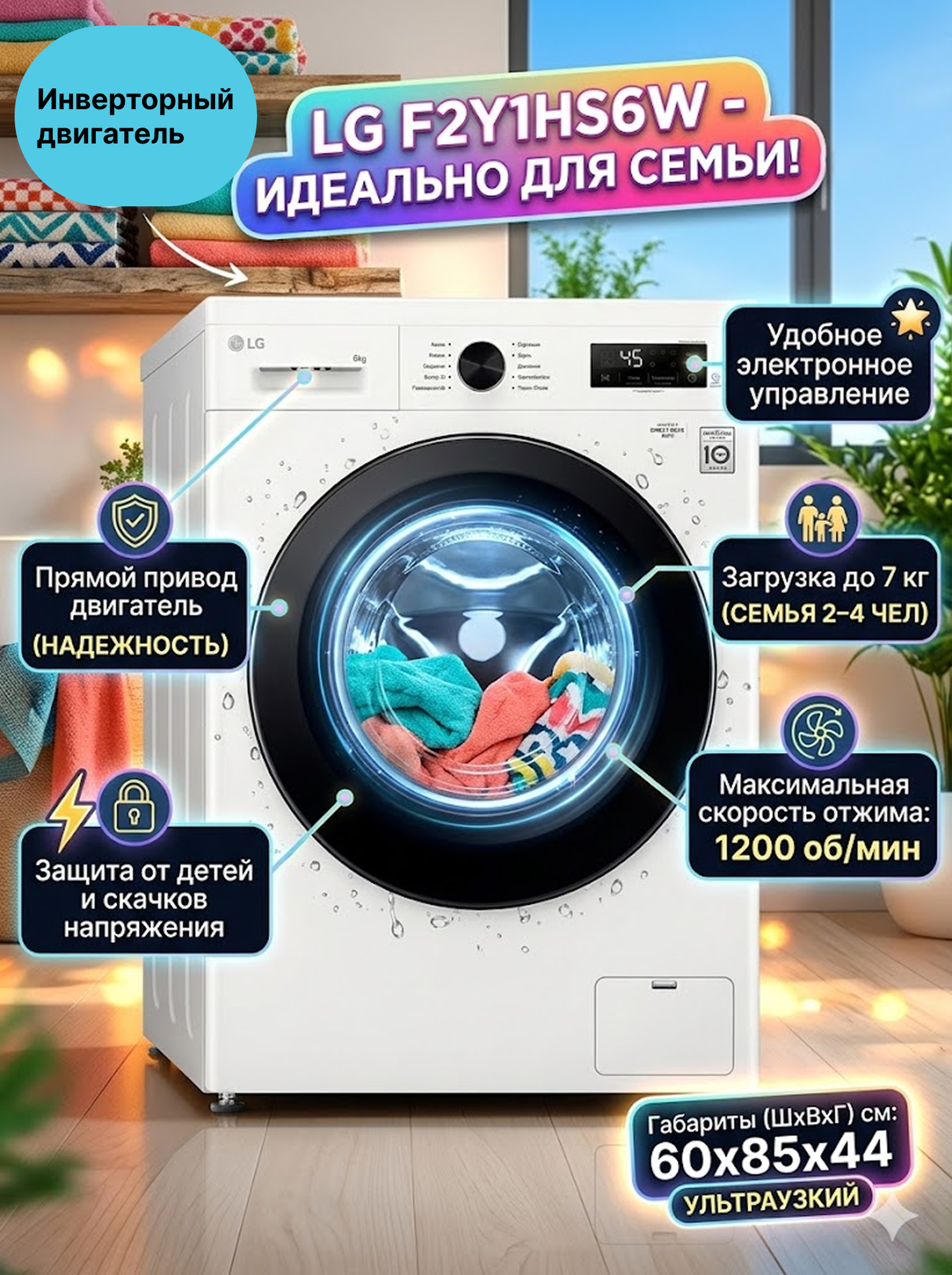 Стиральная машина LG F2Y1NS6W - 6 кг, Direct Drive, 6 Motion, паровая стирка, 1200 об/мин, узкая (44 см), белый