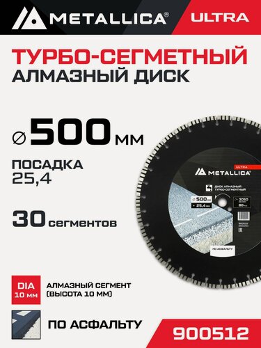 Изображение товара Диск алмазный сегментный METALLICA Ultra 500x25,4 мм, H 10 мм по асфальту. В кор.