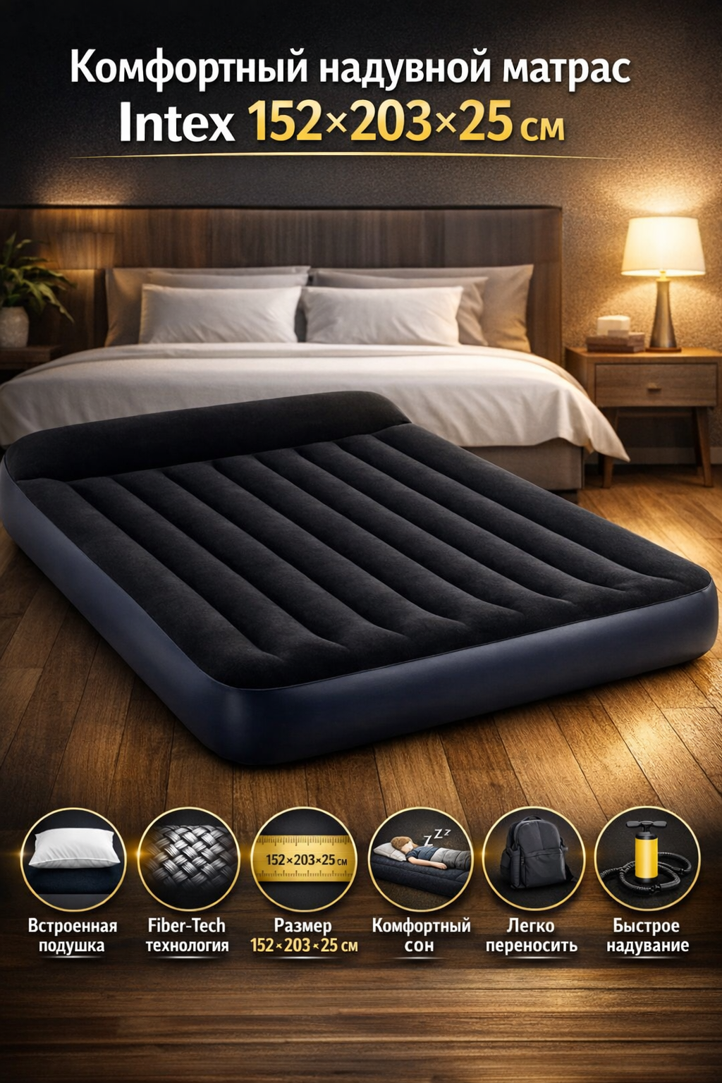 Комфортный надувной матрас Intex Dura-Beam 152×203×25 см с встроенной подушкой для комфортного сна