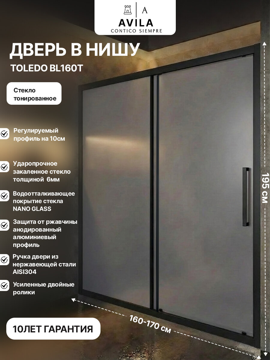 Дверь в нишу BL160-170, профиль черный, стекло тонированное(6мм), NANO GLASS