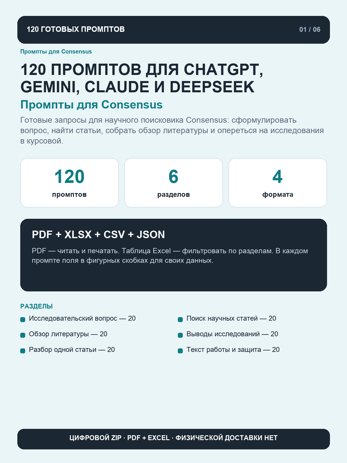 Промпты для Consensus: 120 запросов для поиска научных статей, обзора литературы и выводов исследований, цифровая книга PDF A4