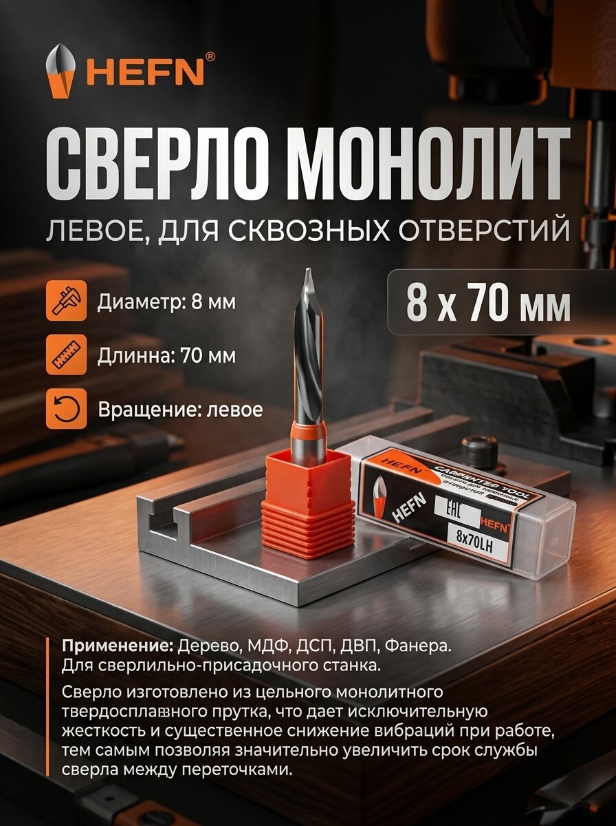 Сверло для сквозных отверстий 8x70 левое для сверлильно присадочного станка MONOLIT (HEFN)