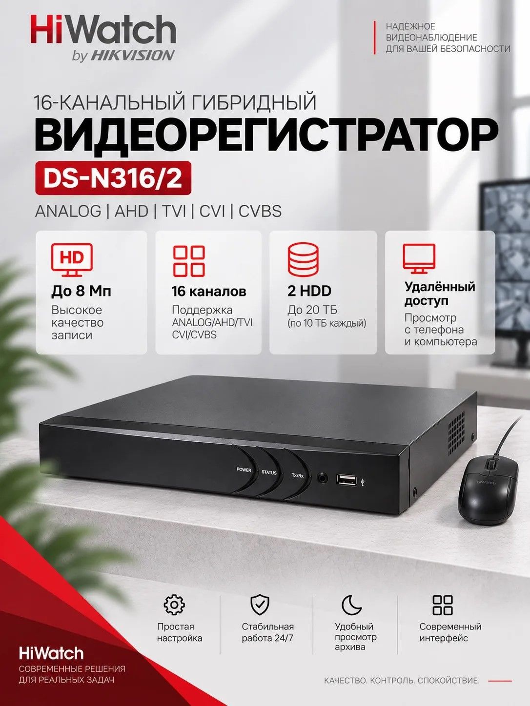 IP-видеорегистратор HiWatch DS-N316/2 16-канальный NVR, 2 HDD, H.265+
