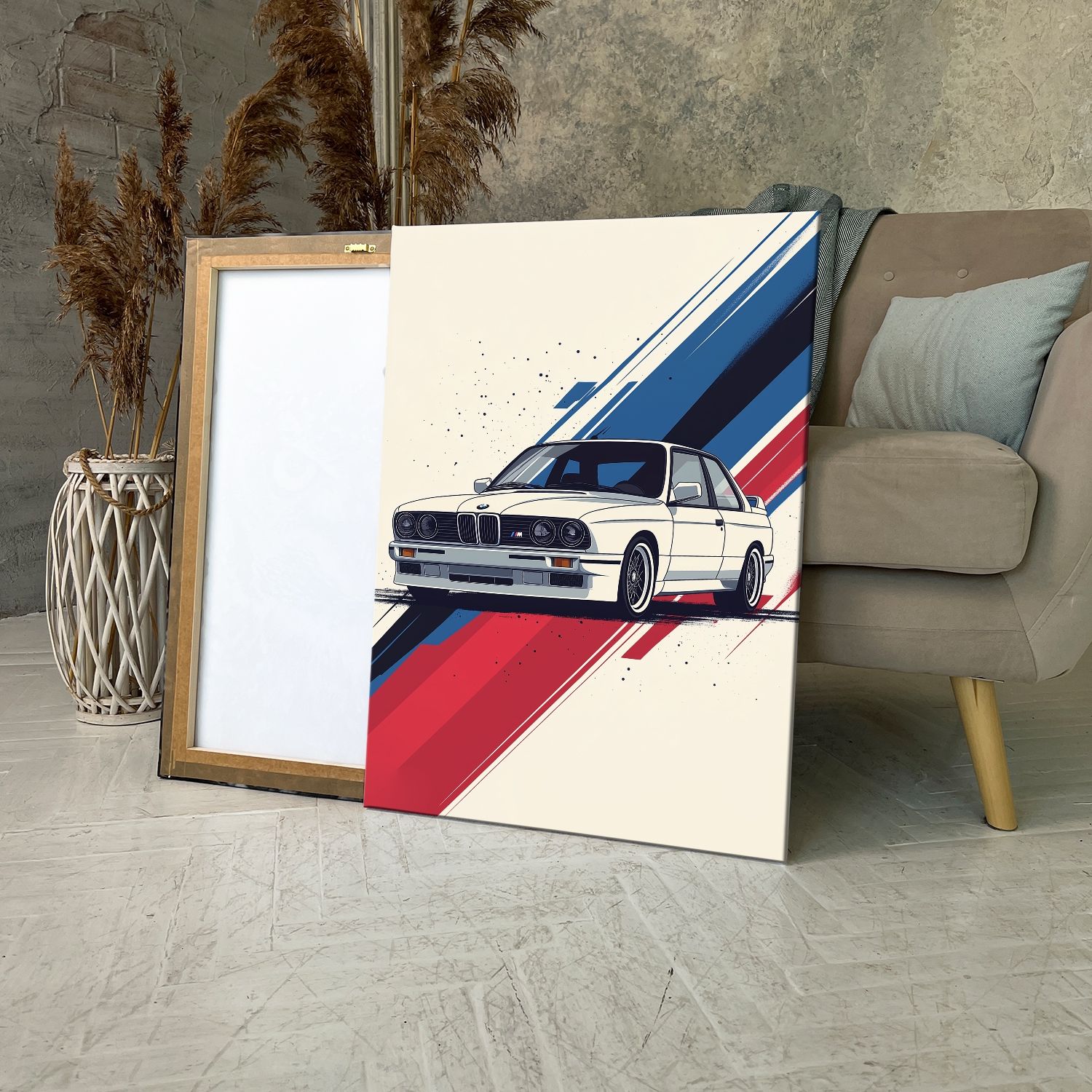Картина на холсте (автомобиль, спорткар, ретро, иллюстрация, BMW M3, графика, стиль 80-х) 20x30 см. Интерьерная на стену. Украшение в комнату. В подар