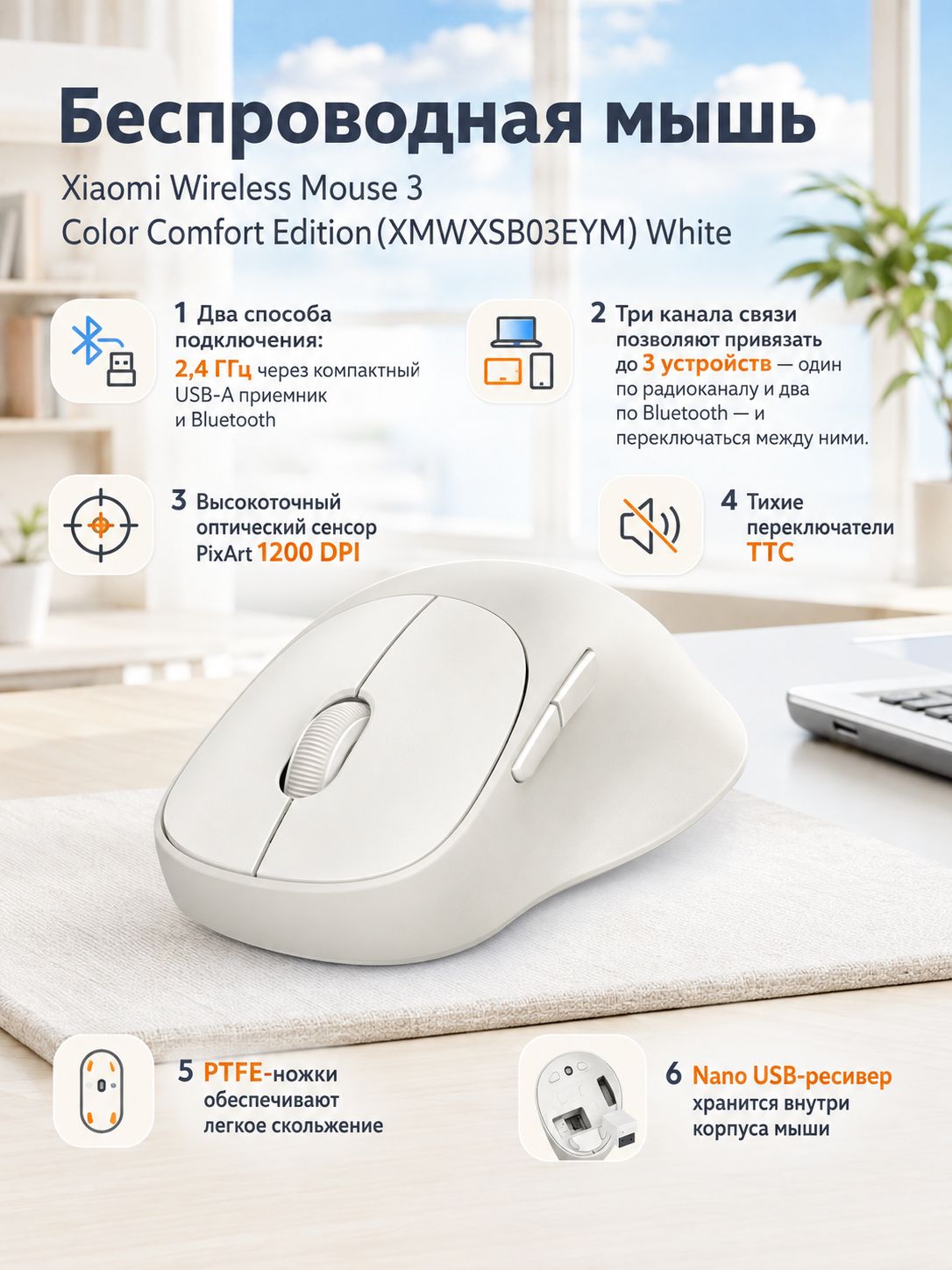 Беспроводная мышь Xiaomi Wireless Mouse 3 Colorful Comfort Edition (XMWXSB03EYM) White