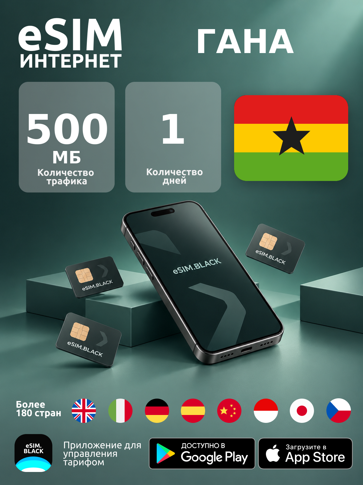 Гана/1 день/500 МБ - eSIM для мобильного интернета ( iPhone | Android ).