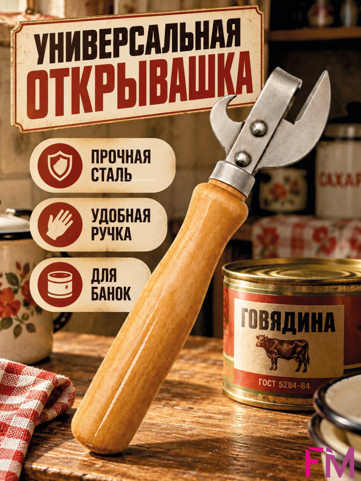 Открывашка с деревянной ручкой для консервных банок, открывалка для бутылок, консервов, консервный нож