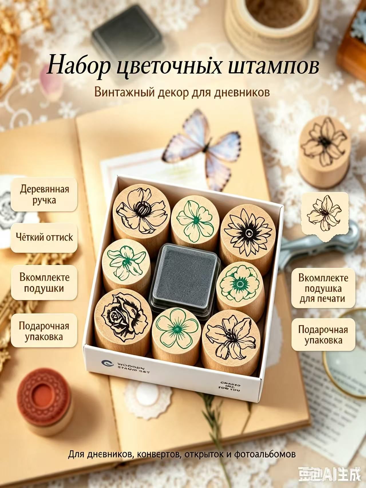 Набор из 8 деревянных цилиндрических штампов "Цветы" большой и малый диаметр, для скрапбукинга, дневников и открыток, с подушечкой для чернил в картонной коробке