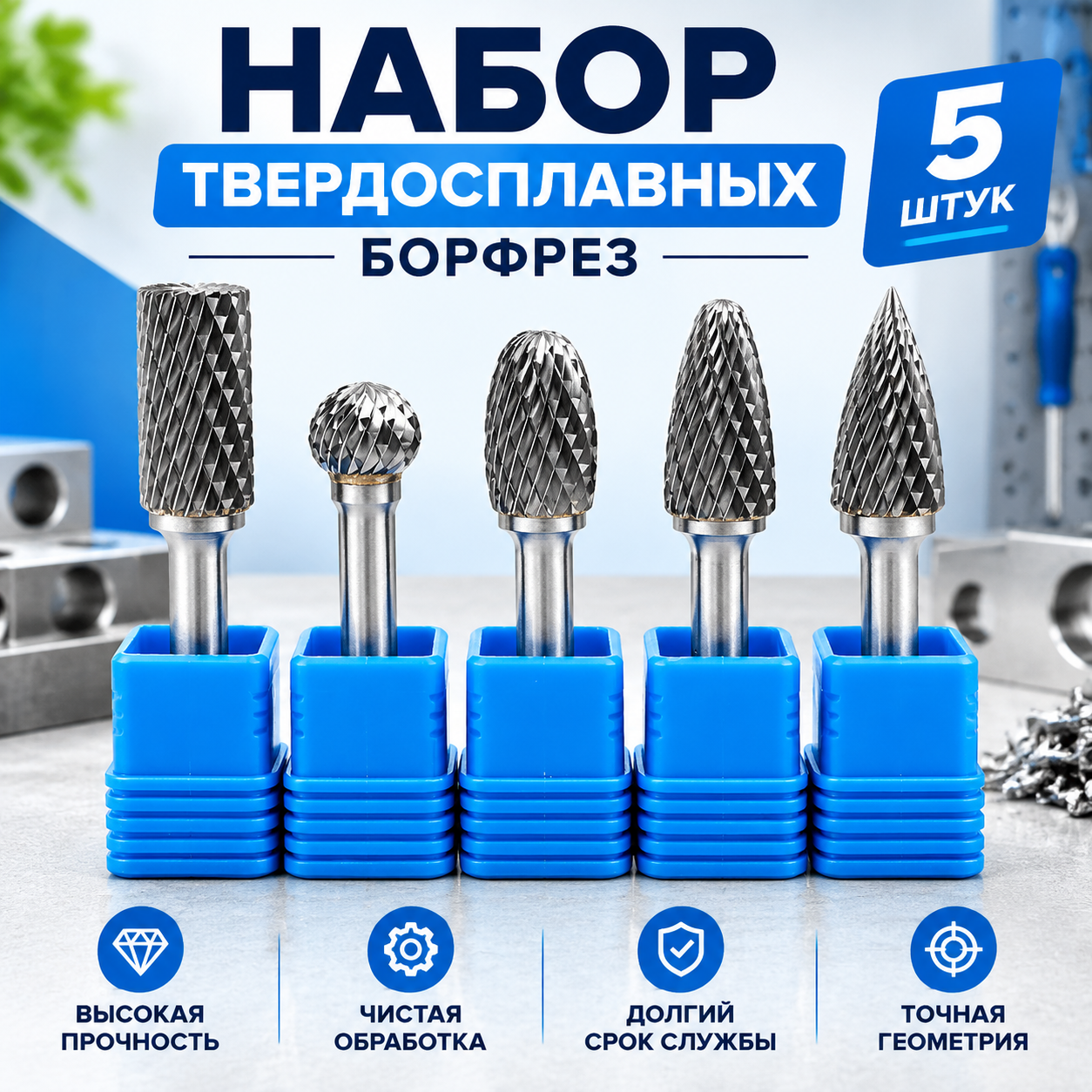 Набор борфрез твердосплавных 5 шт 8 мм хвостовик 6 мм A D E F G по металлу дереву пластику для дрели и гравера