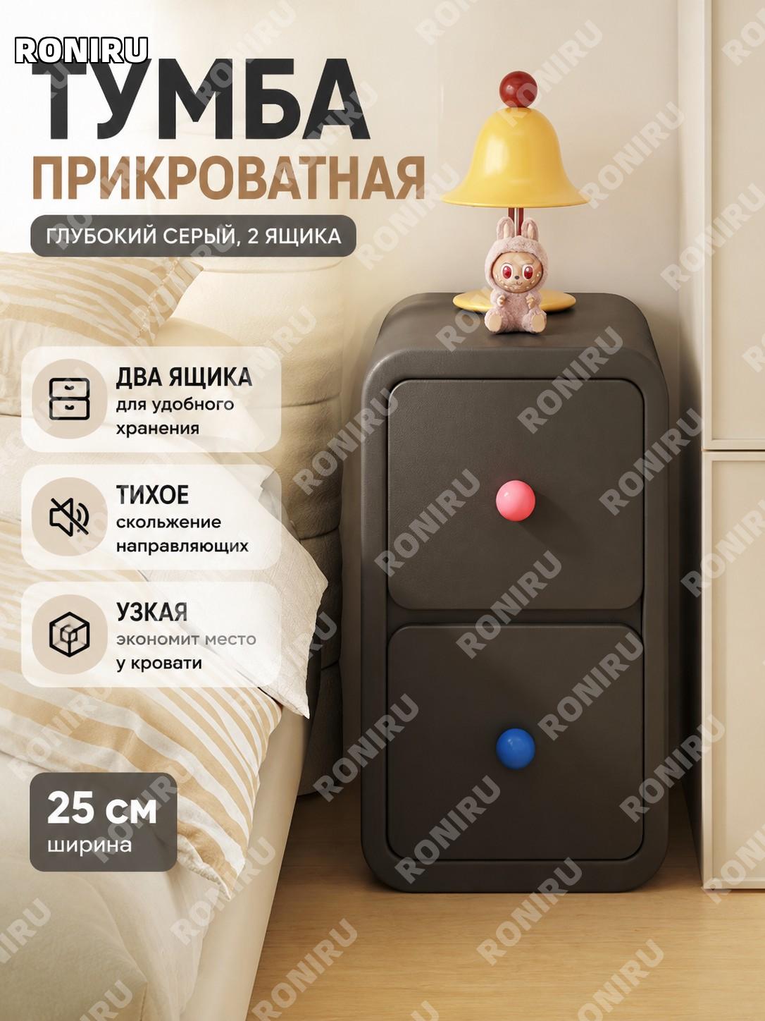Тумба прикроватная с двумя ящиками 25 см, темно-серая с цветными ручками, из искусственной плиты, готовая сборка