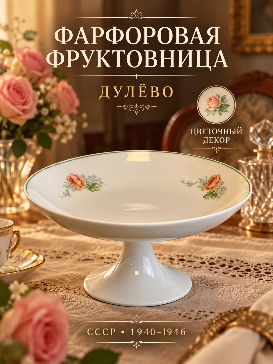 Ваза фрутковница на ножке фарфоровая, деколь цветы, Дулево ФЗ, СССР винтаж 1940-1946 гг