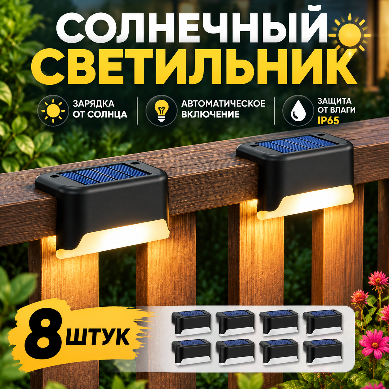 Уличный светильник на солнечной батарее, 8 шт, LED, IP44, для ступеней, сада, забора, автоматический, водонепроницаемый