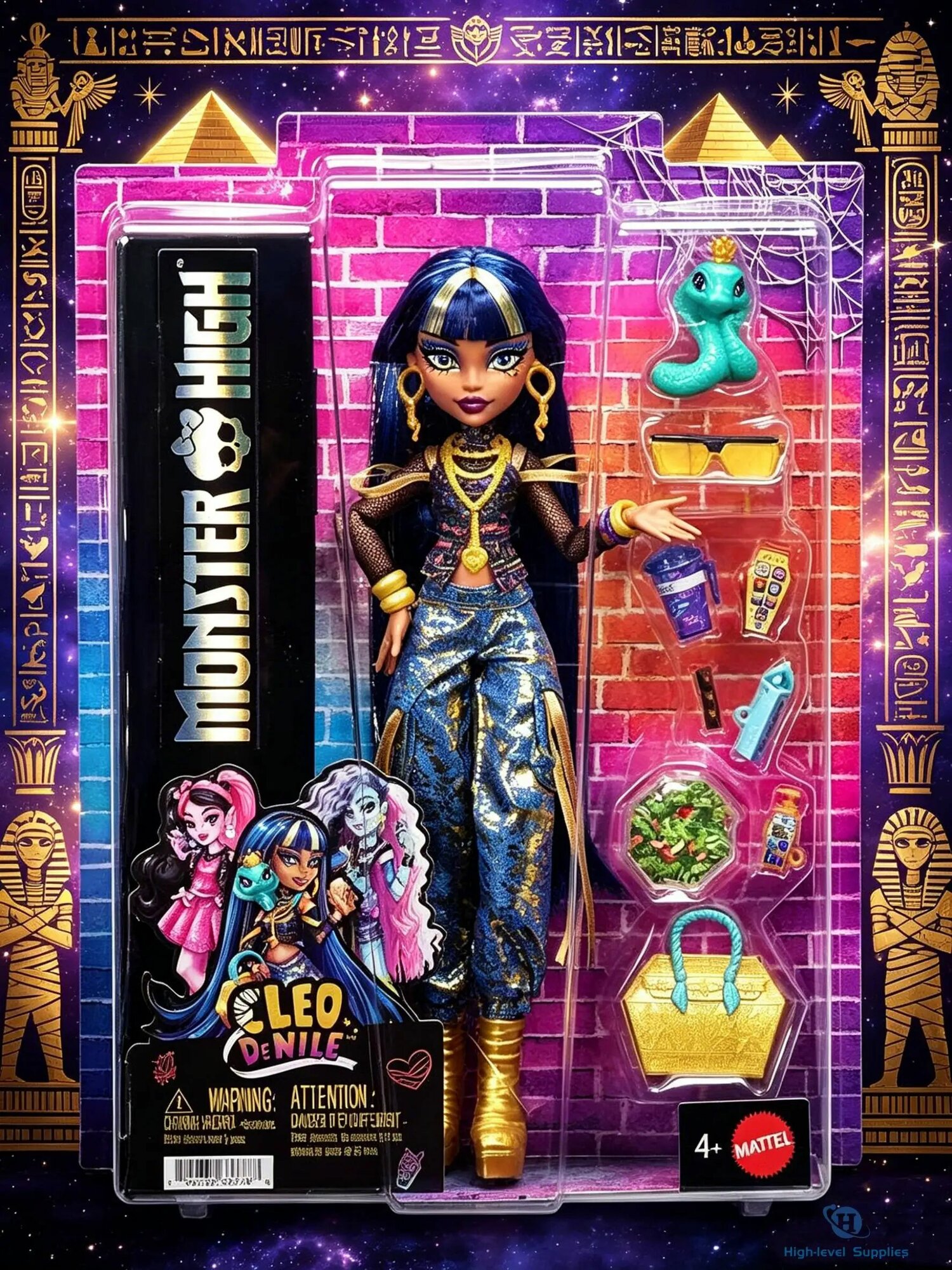 Кукла Monster High Cleo de Nile Серия фантазийных рисунков на змеиную тематику Комплект аксессуаров из 9 предметов с коротким топом Golden jeans