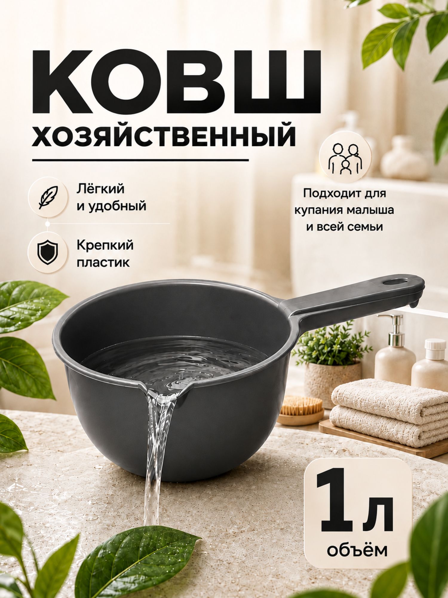 Ковш пластиковый 1л, серый