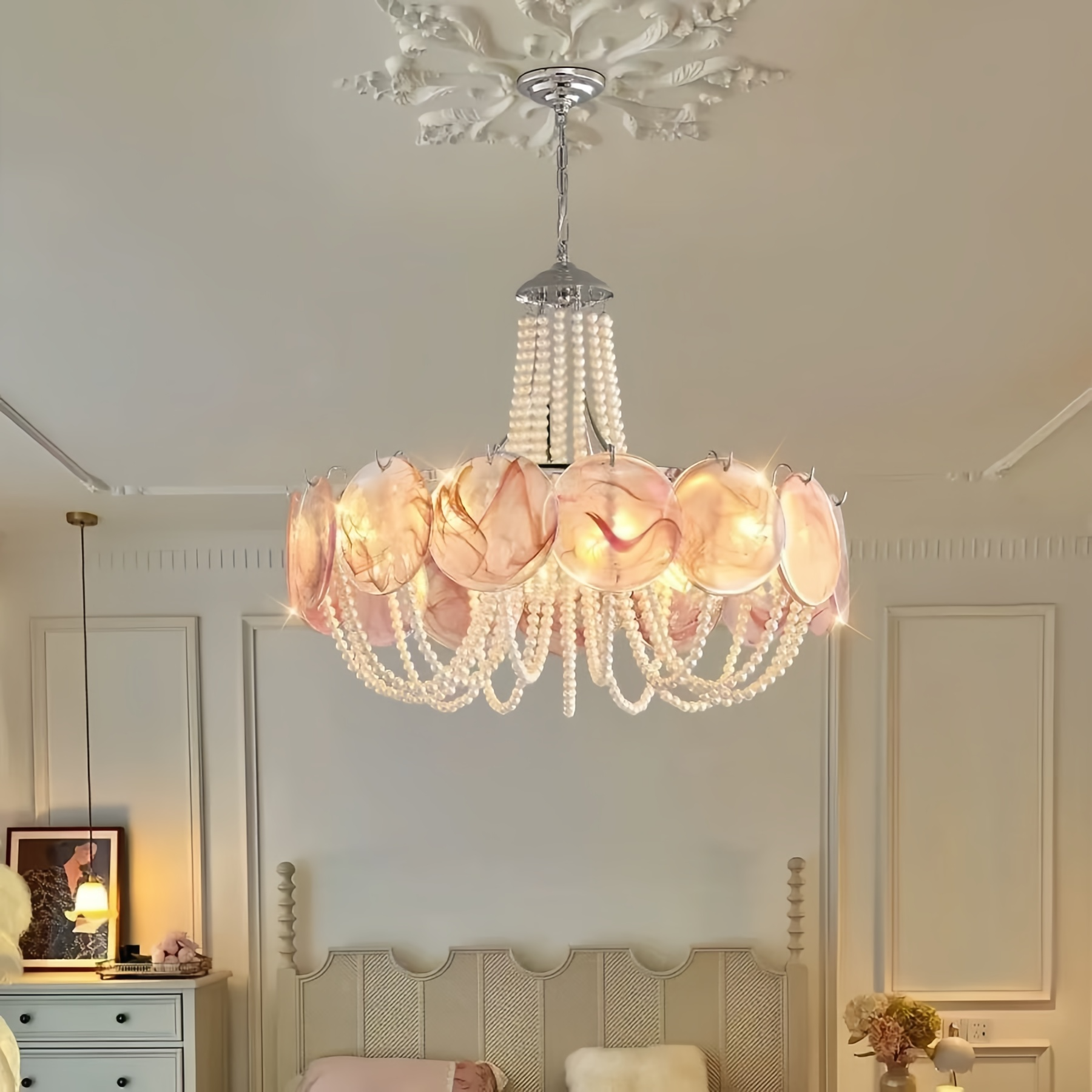 Люстра , E14, LED, 15-20 кв. м, стекло, ручная работа, с жемчугом, розовый,60cm8 голов