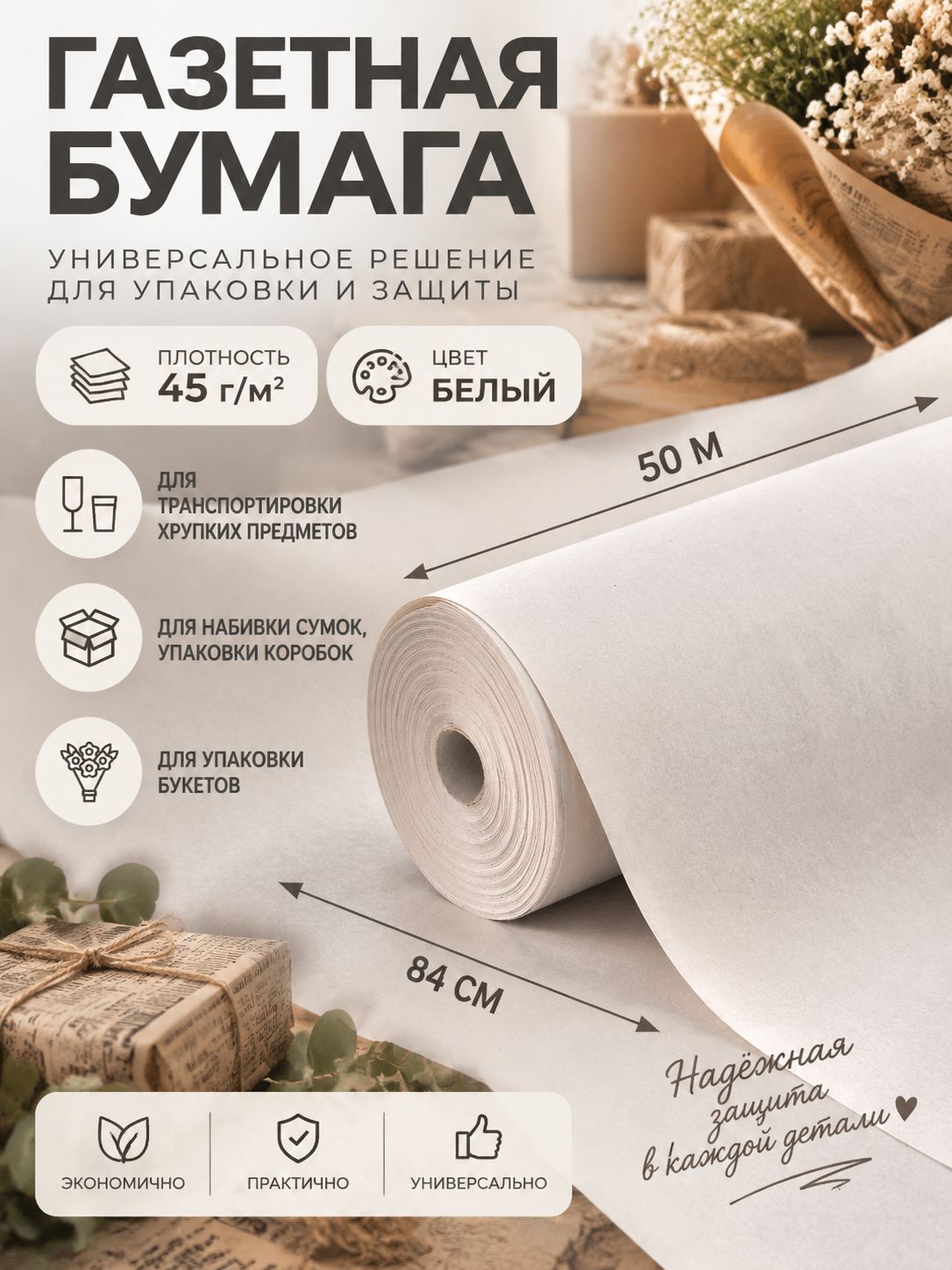 Бумага газетная в рулоне, упаковочная, подарочная, для цветов 84 см х 50 м