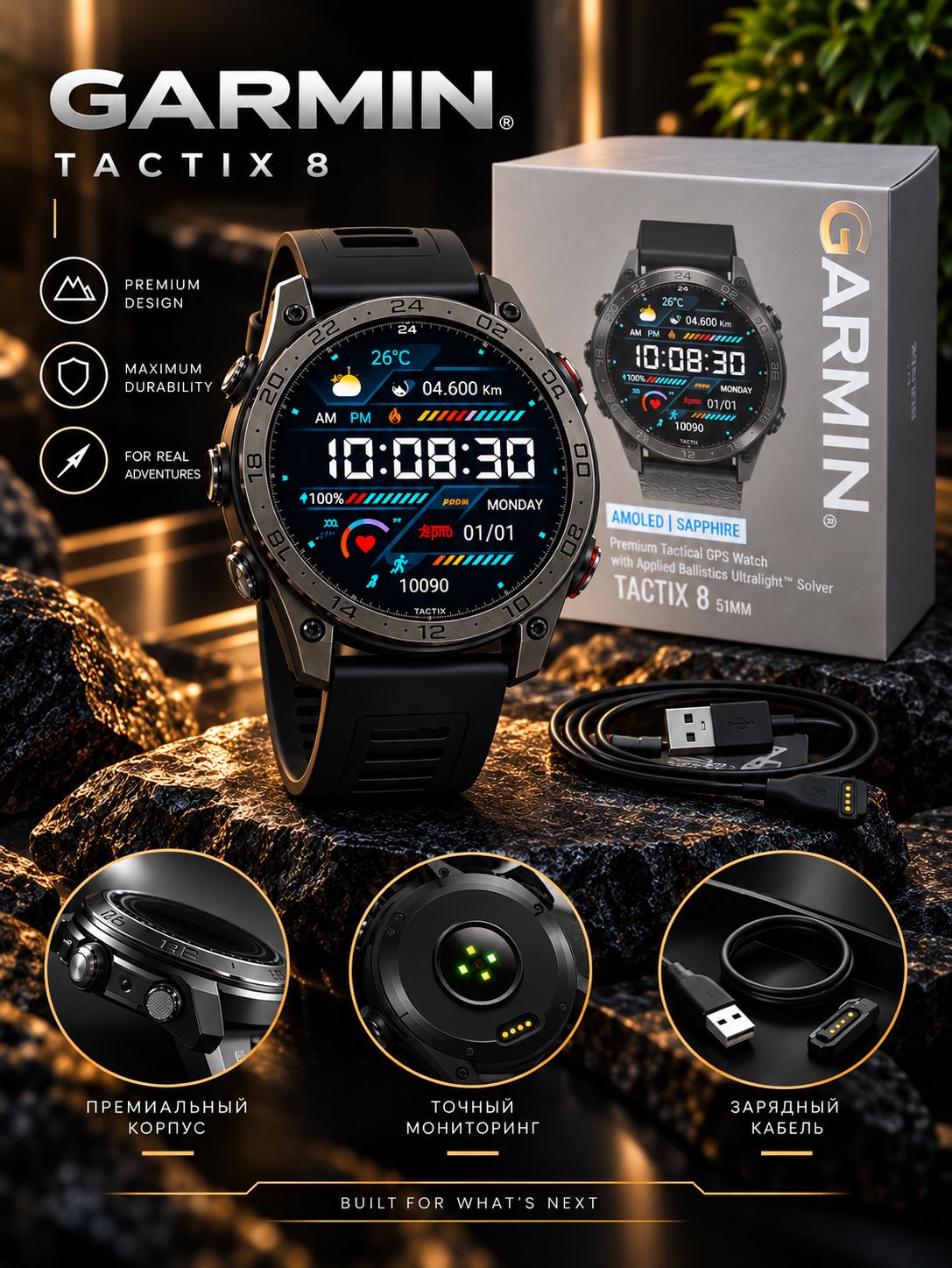 Умные Смарт-часы водонепроницаемые с функцией звонка для IOS и Android. Garmin Tactix 8 51mm AMOLED