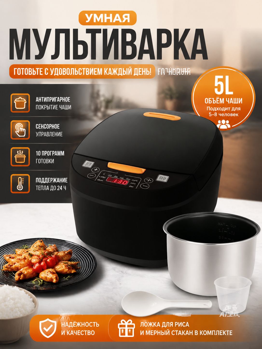 Галогеновая мультиварка-скороварка объёмом 5 л мощностью 900 Вт для приготовления и разогрева блюд