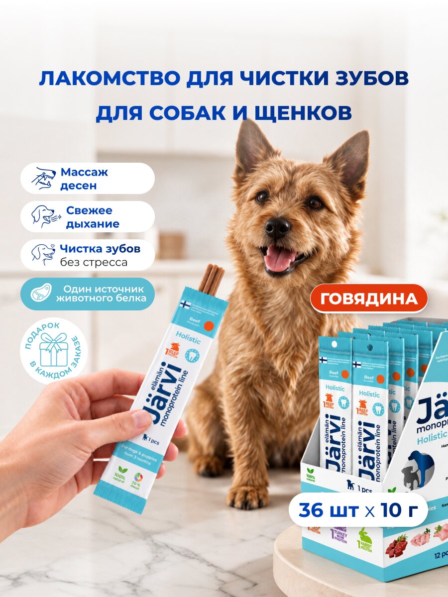 Лакомства Jarvi монопротеиновые для чистки зубов для собак и щенков с 3-х месяцев с говядиной, 36 шт.
