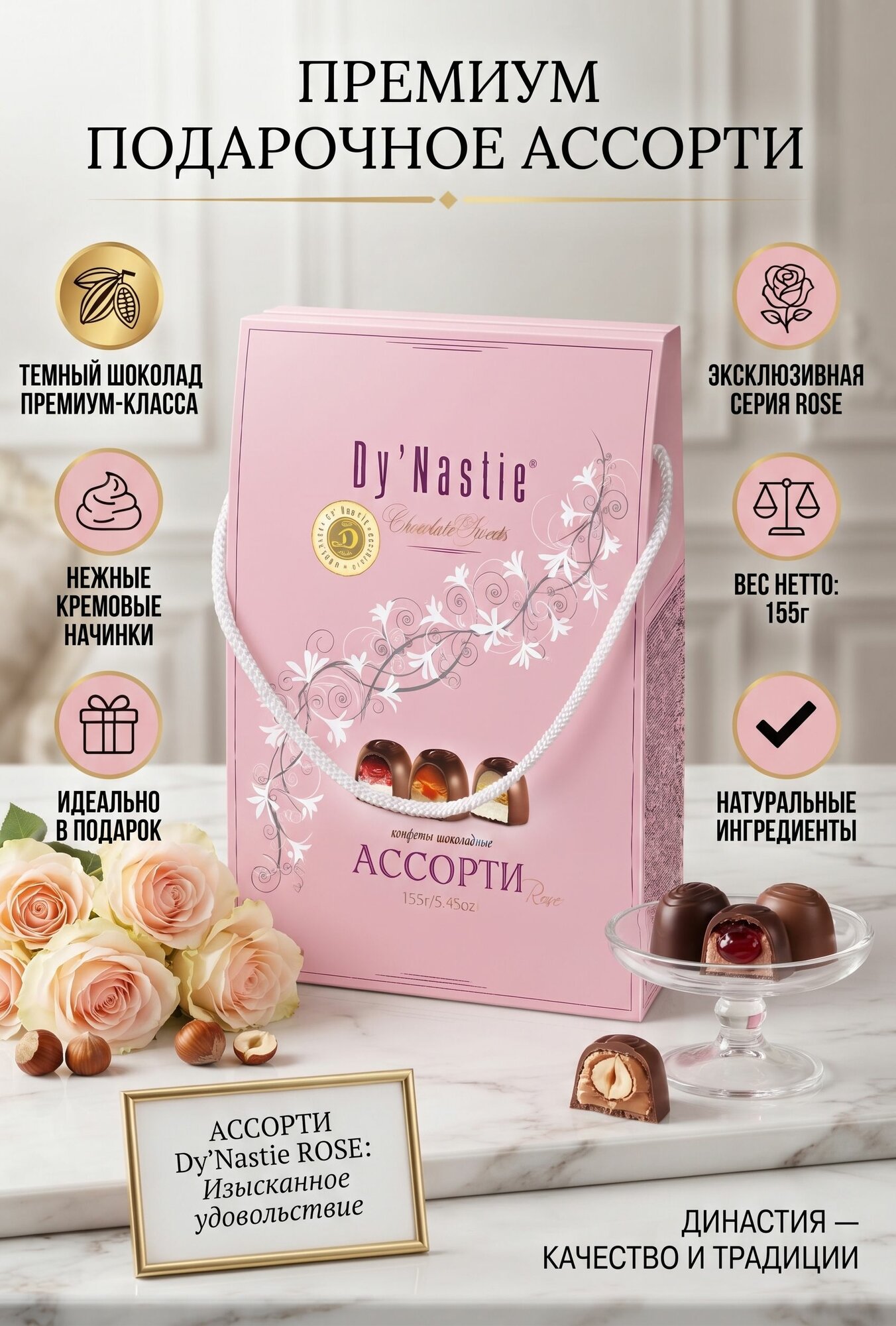 Конфеты Dy Nastie ассорти "ROSE" шоколадные /упак. с ручкой/ 155г