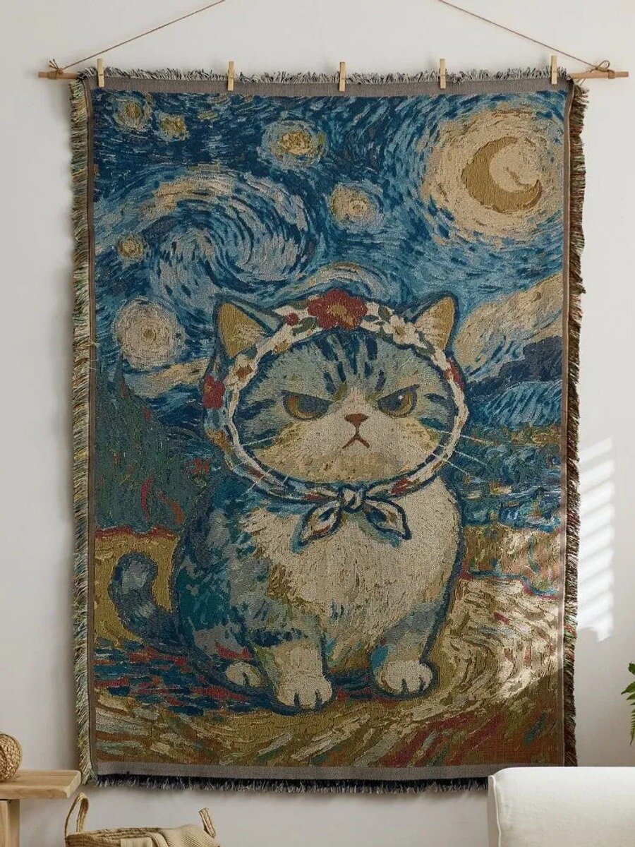 Гобелен настенный 130x180 см, Котёнок Ван Гога, поликоттон, вертикальный