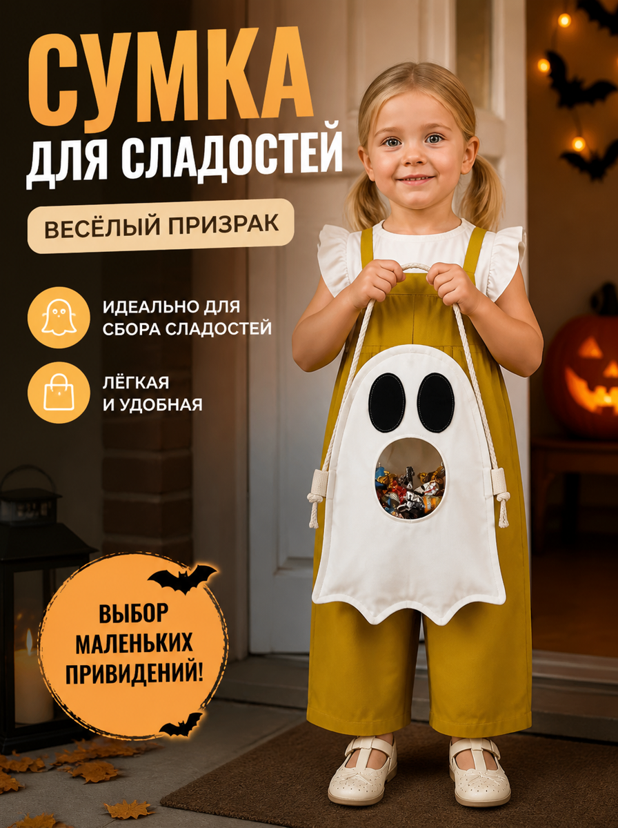 Сумка для конфет на Хэллоуин детская, из хлопка, для сбора сладостей, 43 см