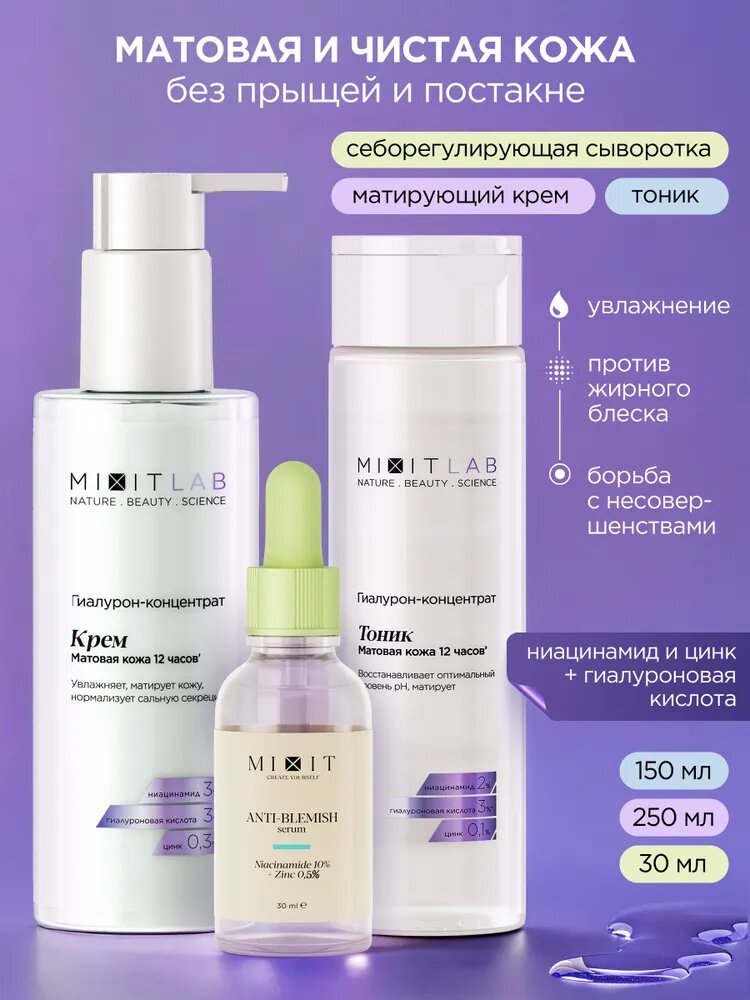 MIXIT LAB Набор косметики для лица: тоник, сыворотка от прыщей и крем, 430 мл миксит