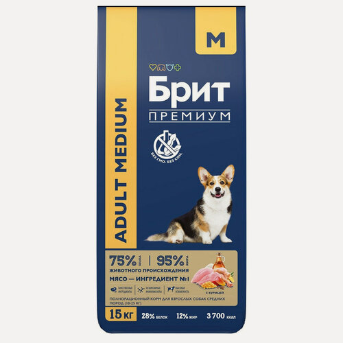 Изображение товара Брит Премиум Dog Adult Medium сухой корм для взрослых собак средних пород с курицей - 15 кг