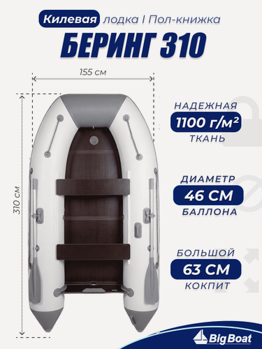 Изображение товара Надувная, под мотор, килевая лодка из ПВХ для рыбалки Bering (Беринг)310К пол-книжка