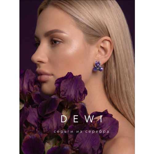 фото Серьги dewi, серебро, 925 проба, родирование, эмаль, длина 2 см, , фиолетовый