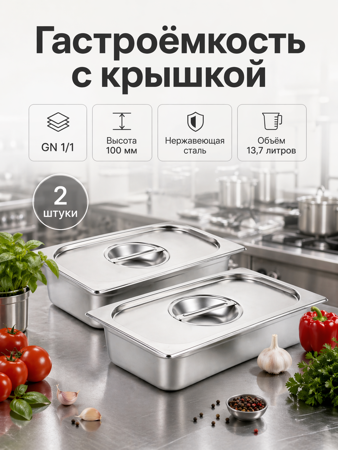 Гастроемкость GN 1/1-100 мм с крышкой, набор 2 шт, нерж. сталь