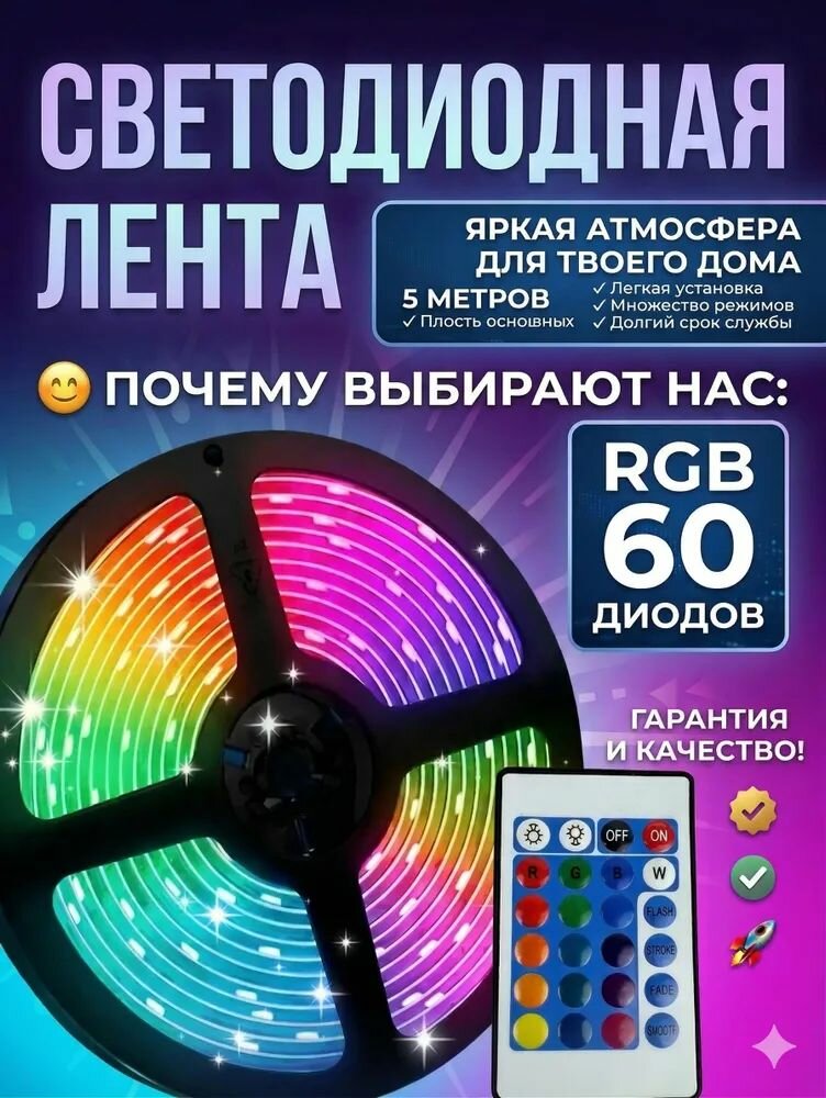 Светодиодная лента в катушке с пультом, многоцветная 5 м RGB