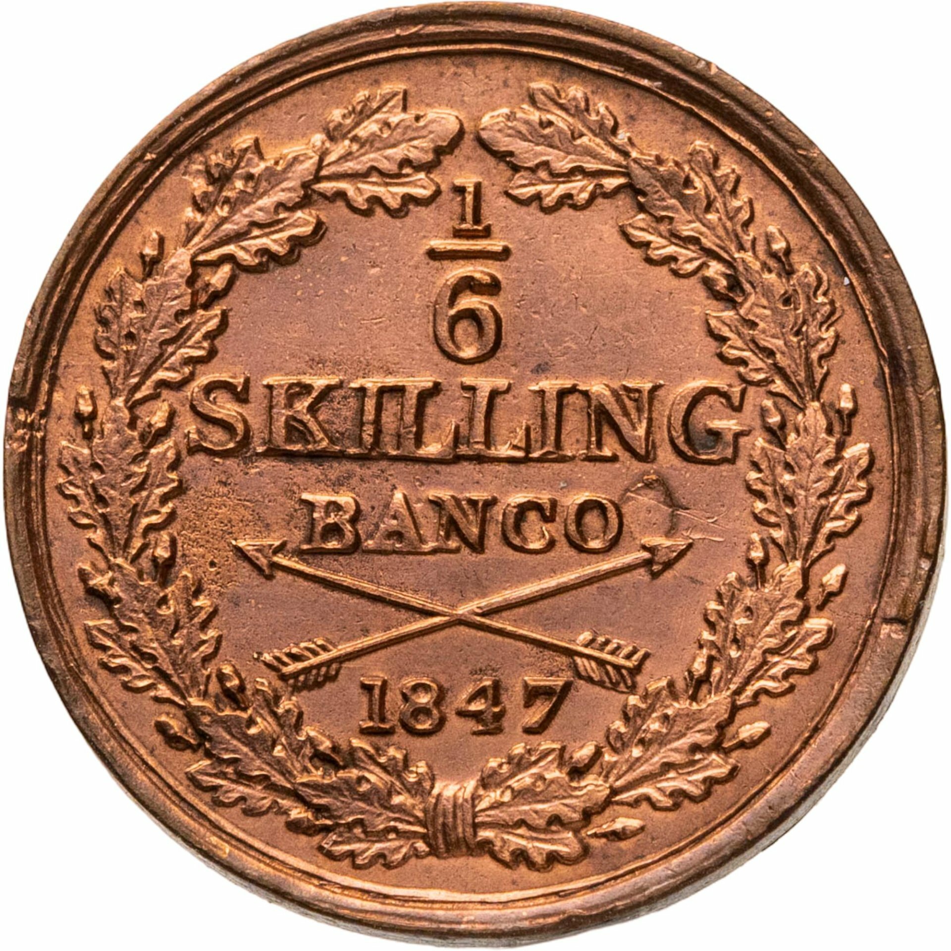 Швеция 1/6 скиллинга банко skilling banco 1847, Медь, в сохранности AU