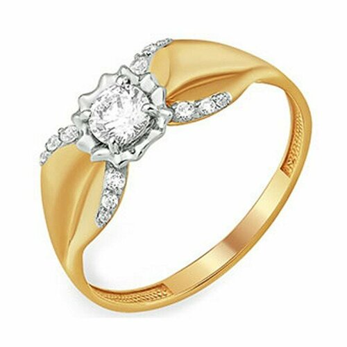 фото Кольцо тонкое, широкое jewelin, красное золото, 585 проба, фианит, кристаллы swarovski, размер 18, ширина 4 мм, золотистый