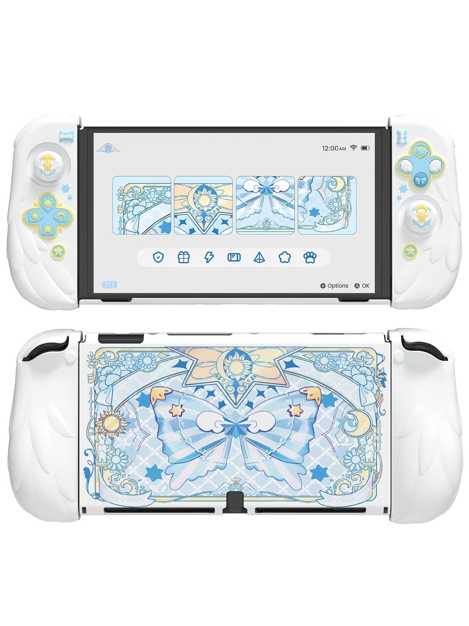 PlayVital защитный чехол Magic Wings для Nintendo Switch OLED, белый, с подставкой и накладками на стики, жёсткий PC корпус, силиконовая ручка, защита от царапин и ударов, для игр дома и в дороге
