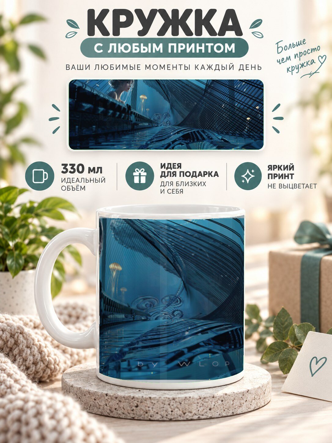 Кружка для чая и кофе MoodRoom, 330 мл, керамическая глянцевая, с принтом девушки, UG33024265