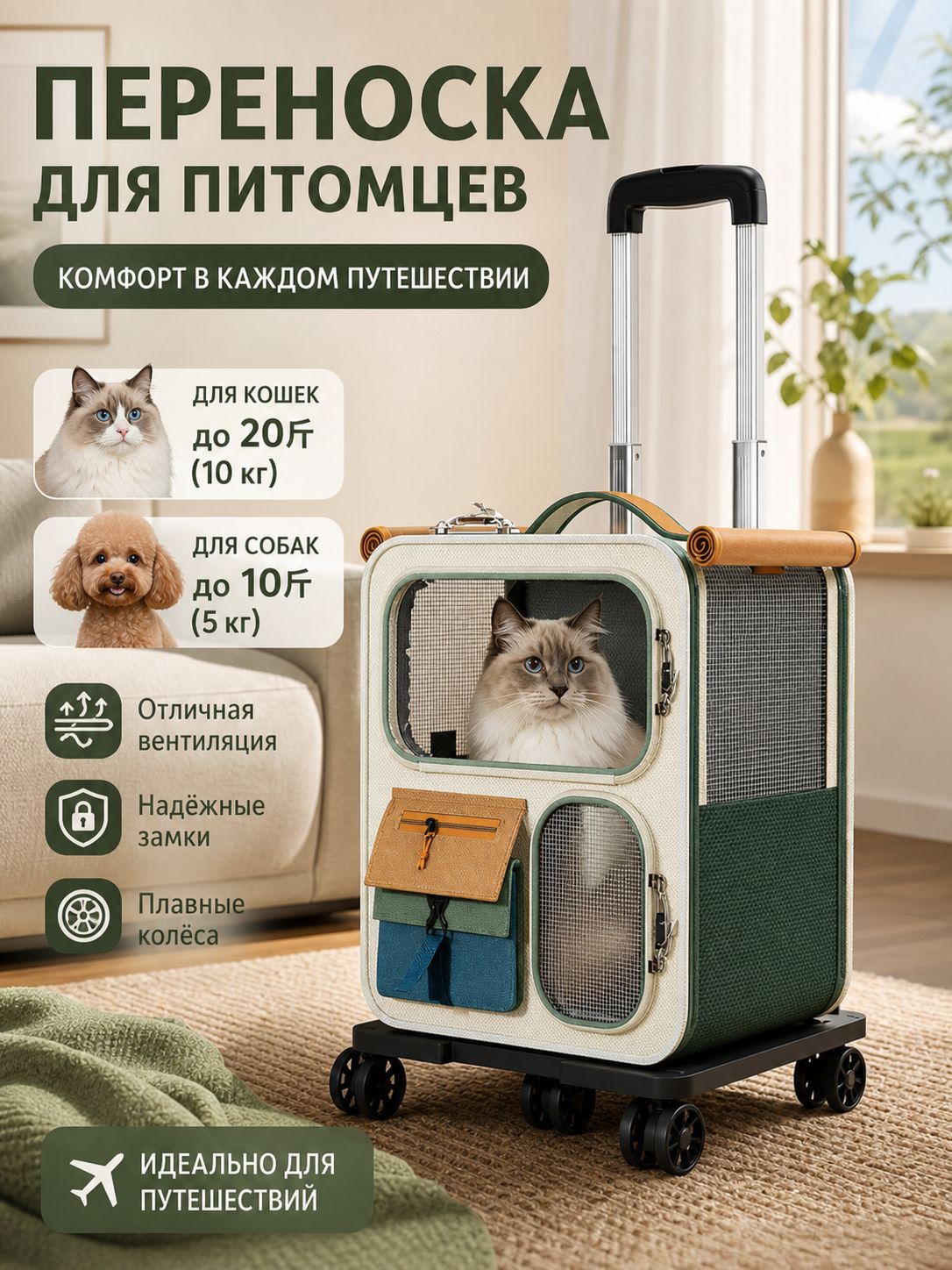 Переноска для кошек и собак 2-в-1 рюкзак с колесами телескопической ручкой до 10 кг светло-бежевая, 370x270x420 мм