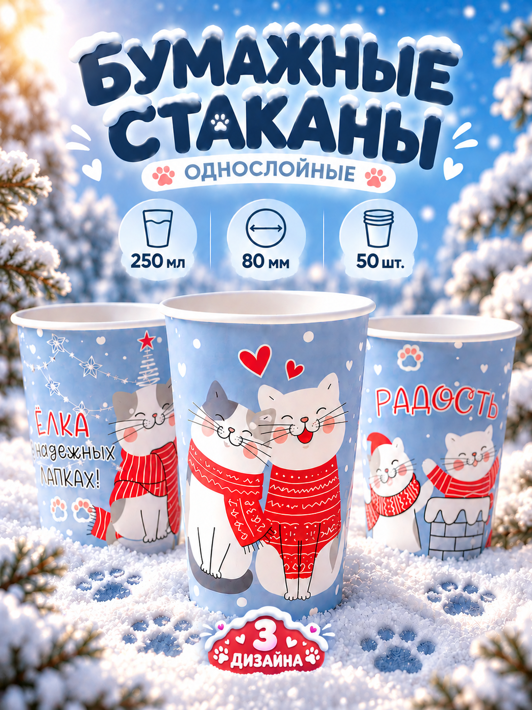 Одноразовые бумажные стаканы GoodCup "Снег и лапки" для чая и кофе 250 мл 50 штук