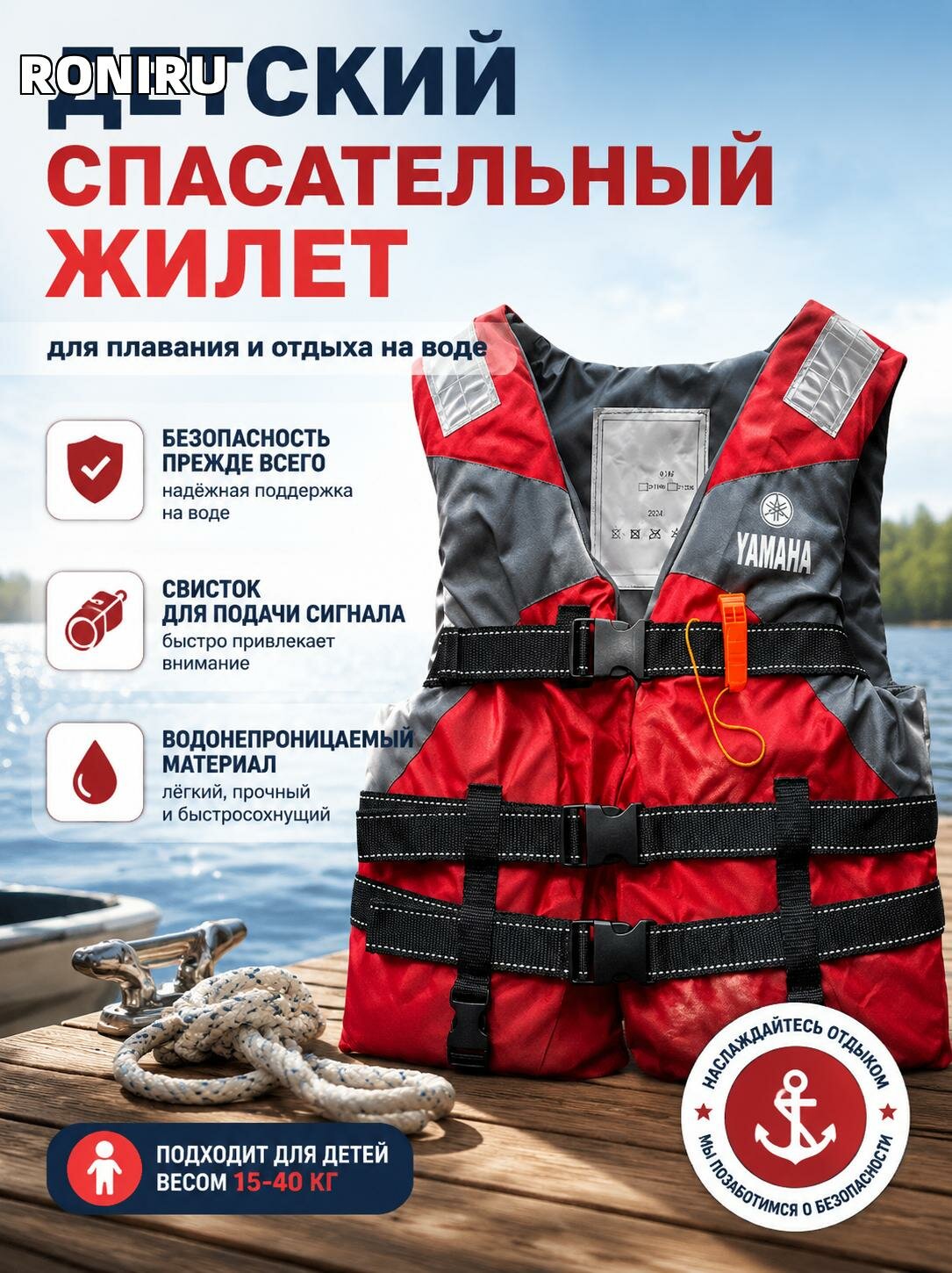 Детский спасательный жилет с отражателем и свистком для плавания и отдыха на воде, водонепроницаемый, до 40 кг